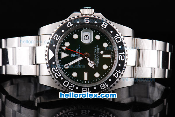 Rolex GMT-Master II Oyster Perpetual Automatic Green Dial with Black Bezel and White Round Bearl Marking-Red Minute Pointer and Small Calendar - Click Image to Close